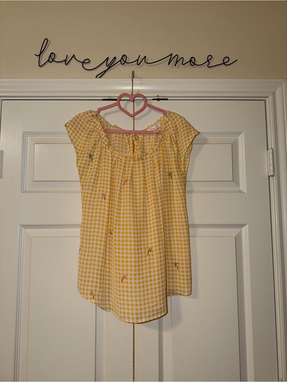 LC Lauren Conrad Yellow Gingham Cap Sleeve Top with Embroidery